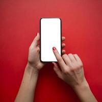 Hands with red nails holding smartphone, vibrant red background, technology and style For Social Media Post Size photo