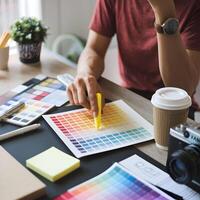 Person points at color chart, surrounded by stationery, creative casual workspace For Social Media Post Size photo