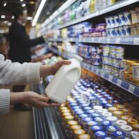 Hands grasp milk bottle, dairy aisle, yogurt containers, grocery setting, blurred figure. For Social Media Post Size photo