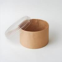 Brown paper container with transparent lid, white background, potential for packaging. For Social Media Post Size photo