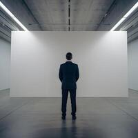 Man in suit stands before blank white canvas in serene gallery For Social Media Post Size photo