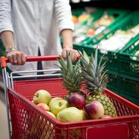 Woman pushes red shopping cart filled with fruits, grocery store background, fresh produce For Social Media Post Size photo