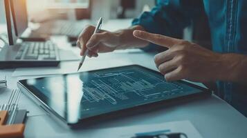 Hands Pointing to Dynamic Data on Tablet Screen photo