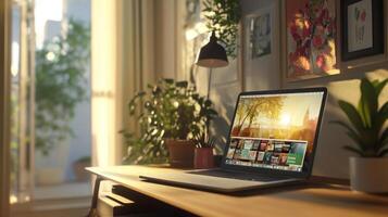 Laptop on Desk with Online Store Display in Warm Light photo