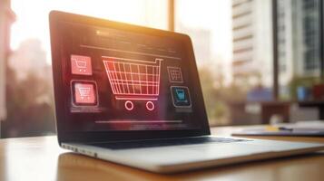 Laptop Displaying E commerce Interface in Office Setting photo