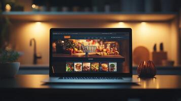 Vibrant Laptop Displaying Commerce Website at Night photo