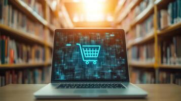 Cozy Laptop with Commerce Interface in Library Setting photo