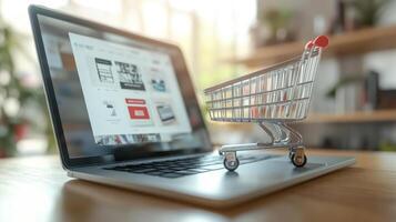 Laptop with Shopping Cart and E commerce Website Display photo