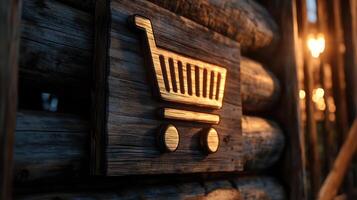 Close Up of a Wooden Cart Icon on a Rustic Wall photo