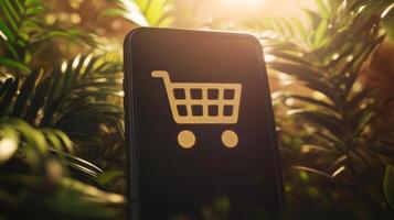 Cart Icon on Smartphone Screen in Nature Setting photo