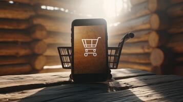 Phone Displaying Shopping Cart Icon in Rustic Setting photo