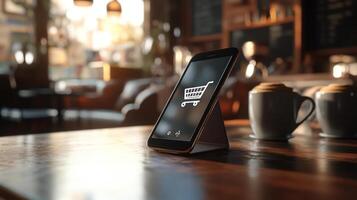 Smartphone Displaying Shopping Cart Icon in Caf Setting photo