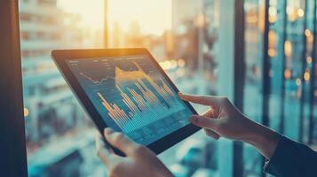 Hands Pointing at Dynamic Data on Tablet Screen photo