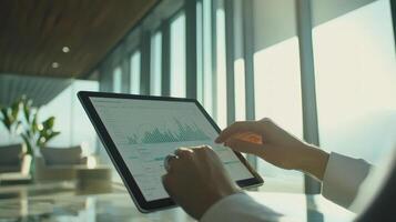 Hands Working on Tablet in Modern Office Setting photo
