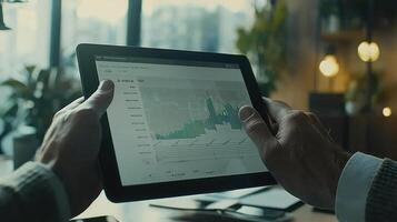 Hands Analyzing Data on Tablet Screen photo