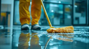 Janitor mopping a wet floor in a commercial building photo