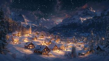 Snow-covered village at night in a winter mountain landscape photo