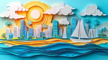 Paper art of a city with a sailboat and a sailboat photo