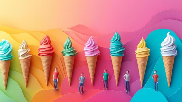 A group of people standing in front of colorful ice cream cones photo