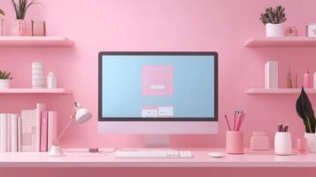 Pink-themed minimalist workspace with desktop computer and office supplies photo
