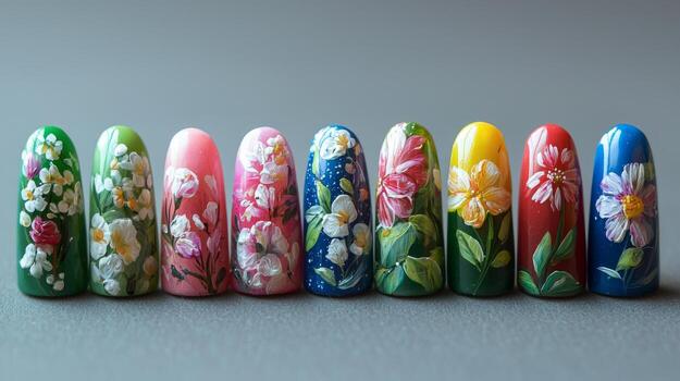Hand-painted decorative artificial nails arranged in a row photo