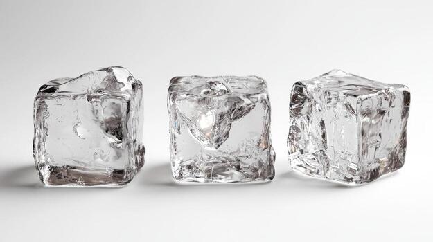 Three melting ice cubes in a minimalist design with reflections on a white surface photo