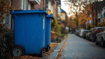 Blue garbage bins on a residential street in autumn scenery photo
