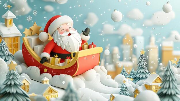 Santa Claus delivering presents in a magical snowy cityscape with gifts and trees photo