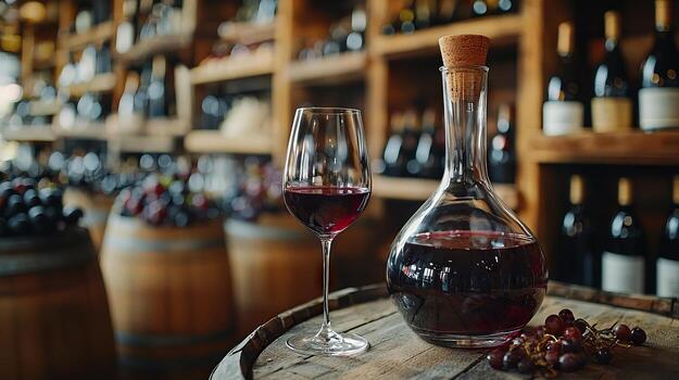 A bottle of wine and a glass of red wine on a barrel photo