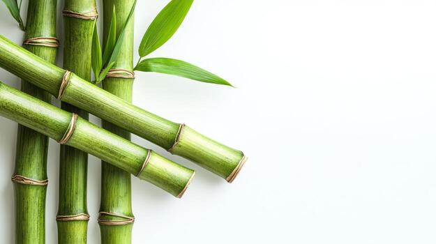 Green bamboo stems arranged on a white background in a minimalist nature concept photo
