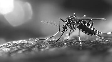 A mosquito is sitting on the ground in black and white photo