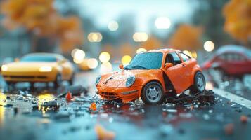 A toy car is sitting on the road in the rain photo