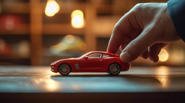 A person is holding a toy car on a table photo