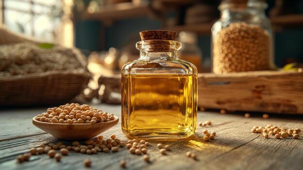 Soybean oil in a glass bottle with soybeans scattered on a wooden surface in a rustic setting photo