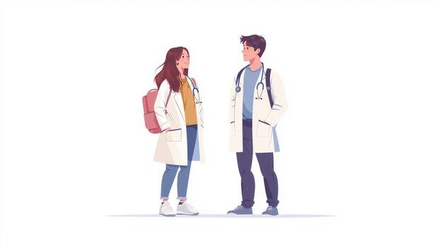 Two doctors standing and conversing in medical uniforms photo