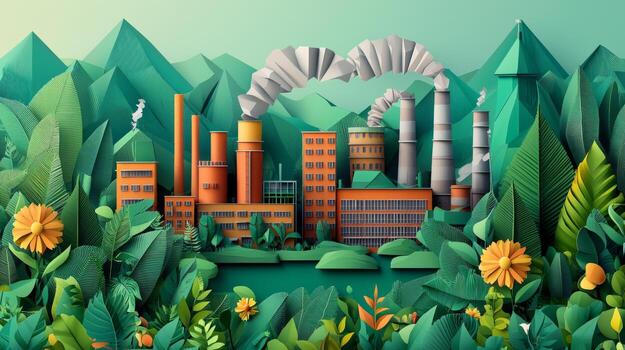 Paper art of factory and trees in the forest photo