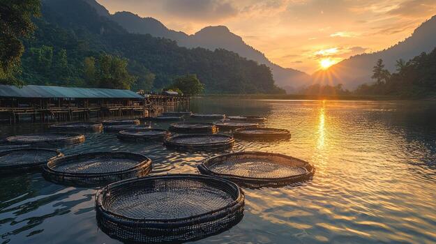 Floating fish farming cages on a lake with mountains in the background at sunset photo