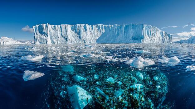 A large iceberg floating in the ocean with underwater details and clear sky above photo
