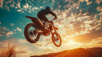 Motocross biker performing a stunt in the air with dust and sunset sky in the background photo