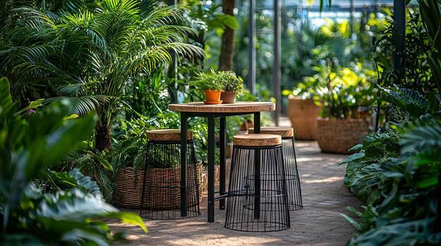 A table and two stools in a garden photo