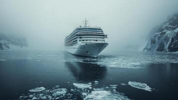 Large cruise ship sailing through icy waters surrounded by icebergs in a foggy landscape photo