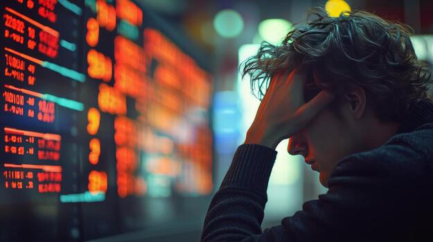 Stressed man looking at stock market data on glowing digital screens in a dark office photo