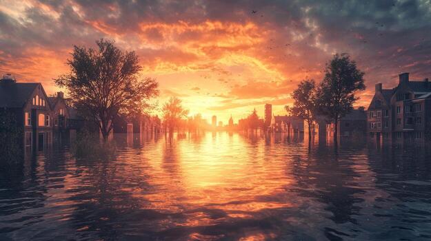 A flooded cityscape at sunset with buildings partially submerged and a glowing sky photo