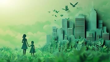 Green paper-cut art of a city skyline with nature elements photo