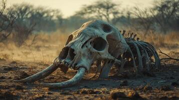 A dead animal skull laying in the dirt photo