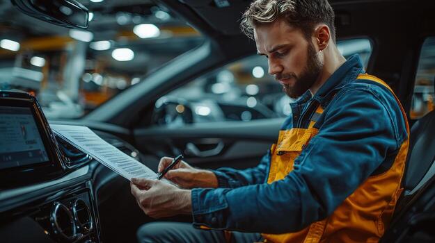 Mechanic working on paperwork inside a car in an auto shop with focused attention photo