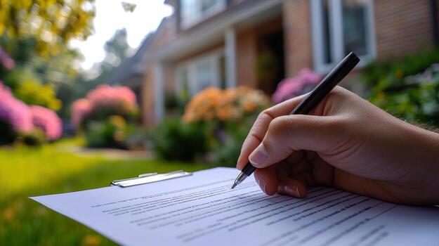 A person signing a contract in front of a house photo