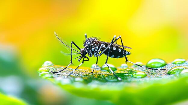 A mosquito on a leaf with water droplets photo