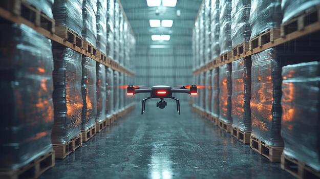 A drone flying in a warehouse with pallets photo