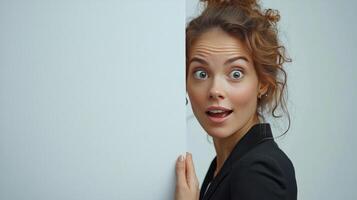 A woman in a business suit peeking out from behind a wall photo